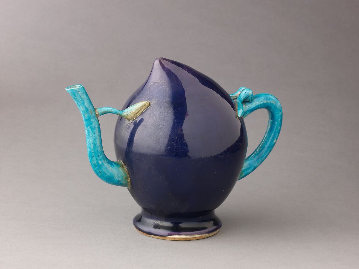 Peach-shaped wine pot or teapot, Chinese  , Qing Dynasty, Porcelain with relief decoration under polychrome glazes., Chinese