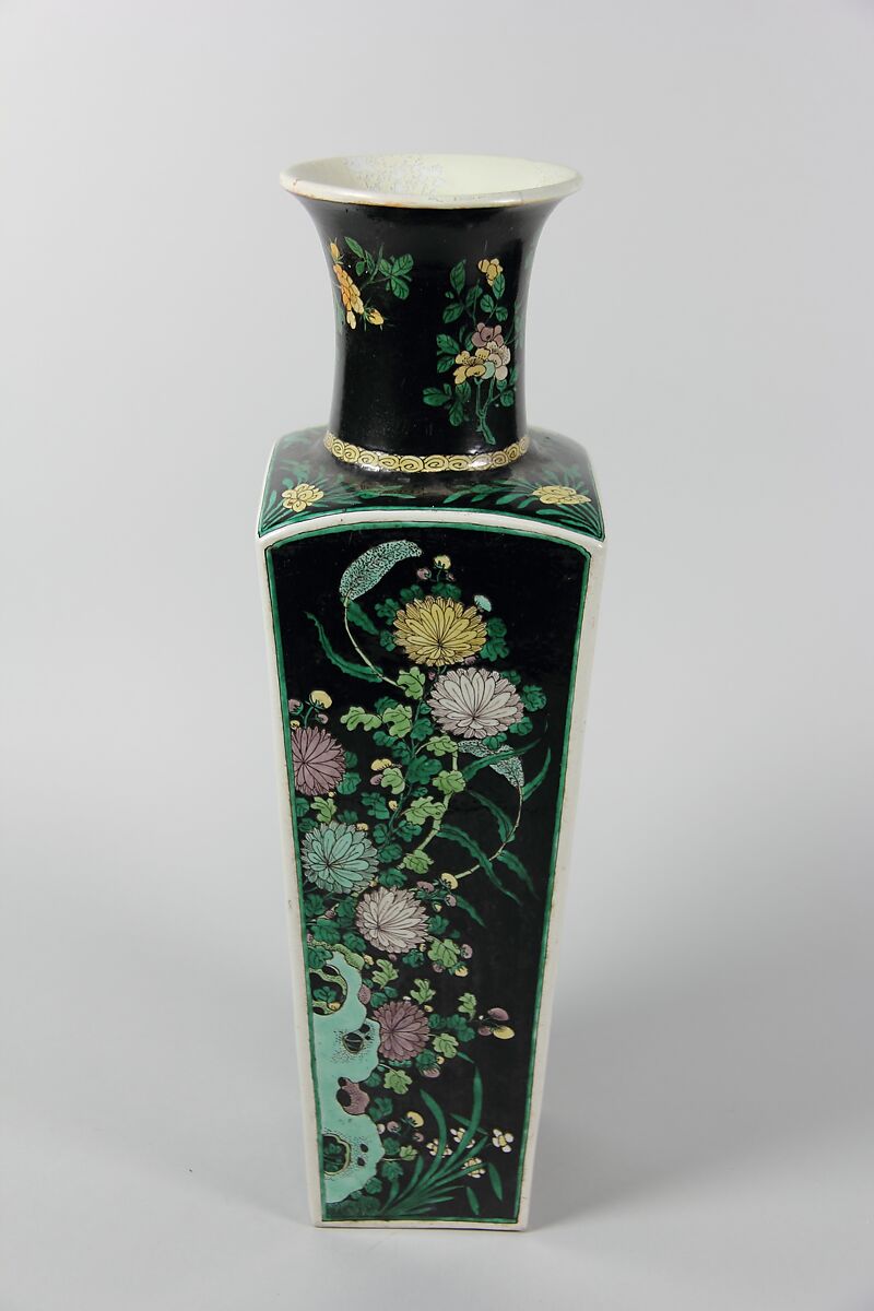 Square vase with flowers of four seasons, Porcelain painted in polychrome enamels over black ground (Jingdezhen famille noire ware), China