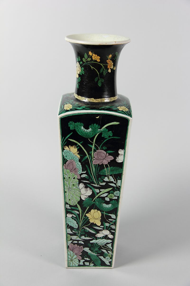 Square vase with flowers of four seasons, Porcelain painted in polychrome enamels over black ground (Jingdezhen famille noire ware), China