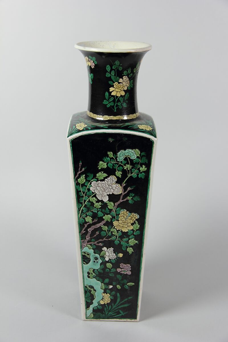 Square vase with flowers of four seasons, Porcelain painted in polychrome enamels over black ground (Jingdezhen famille noire ware), China