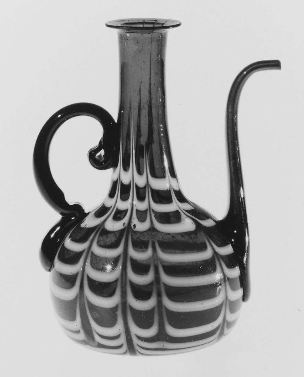 Cruet, Transparent amber and opaque white nonlead glass. Blown, trailed, combed., probably northern European (probably German)