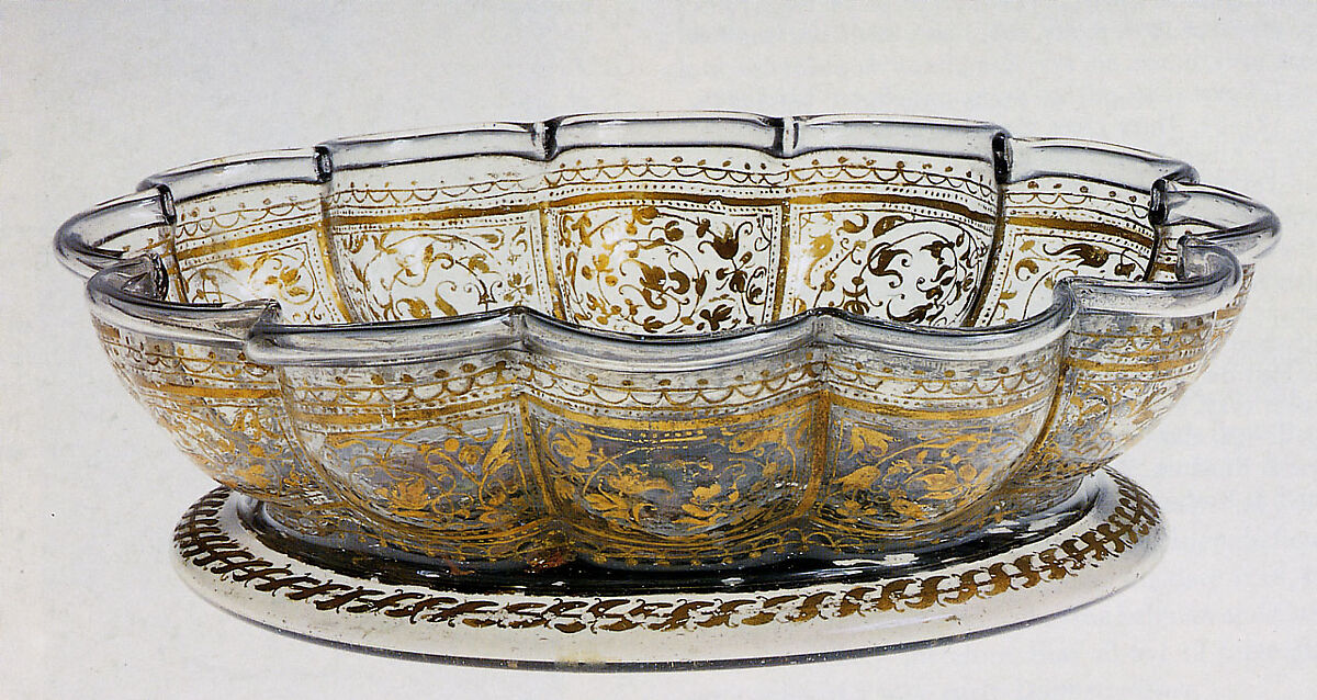 Dish, Colorless (gray) nonlead glass. Blown, reverse painted, gilt (unfired)., Venetian or façon de Venise, probably Tyrol (Innsbruck)