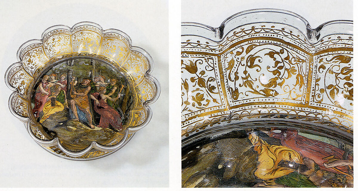 Dish, Colorless (gray) nonlead glass. Blown, reverse painted, gilt (unfired)., Venetian or façon de Venise, probably Tyrol (Innsbruck)
