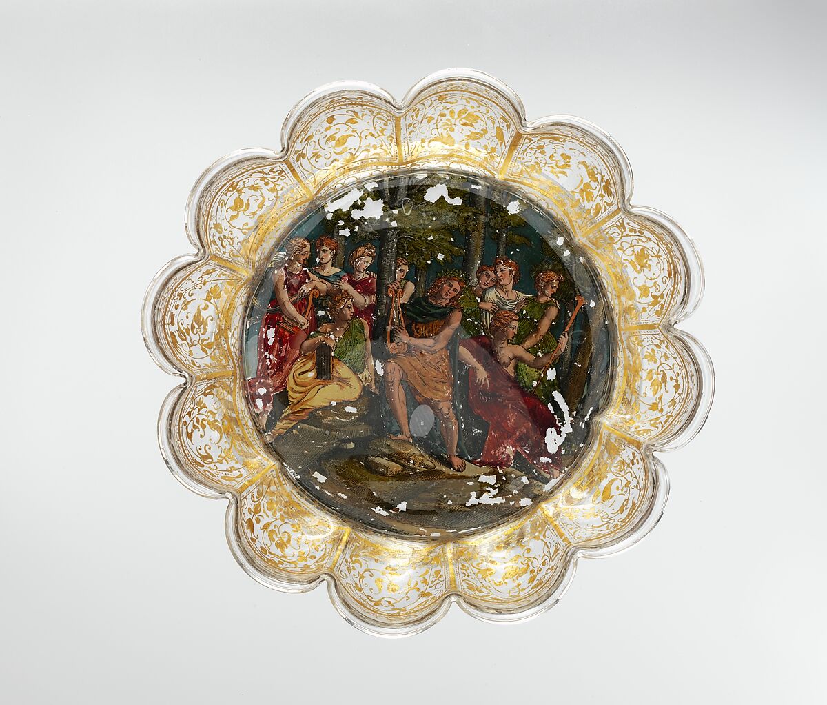 Dish, Colorless (gray) nonlead glass. Blown, reverse painted, gilt (unfired)., Venetian or façon de Venise, probably Tyrol (Innsbruck)