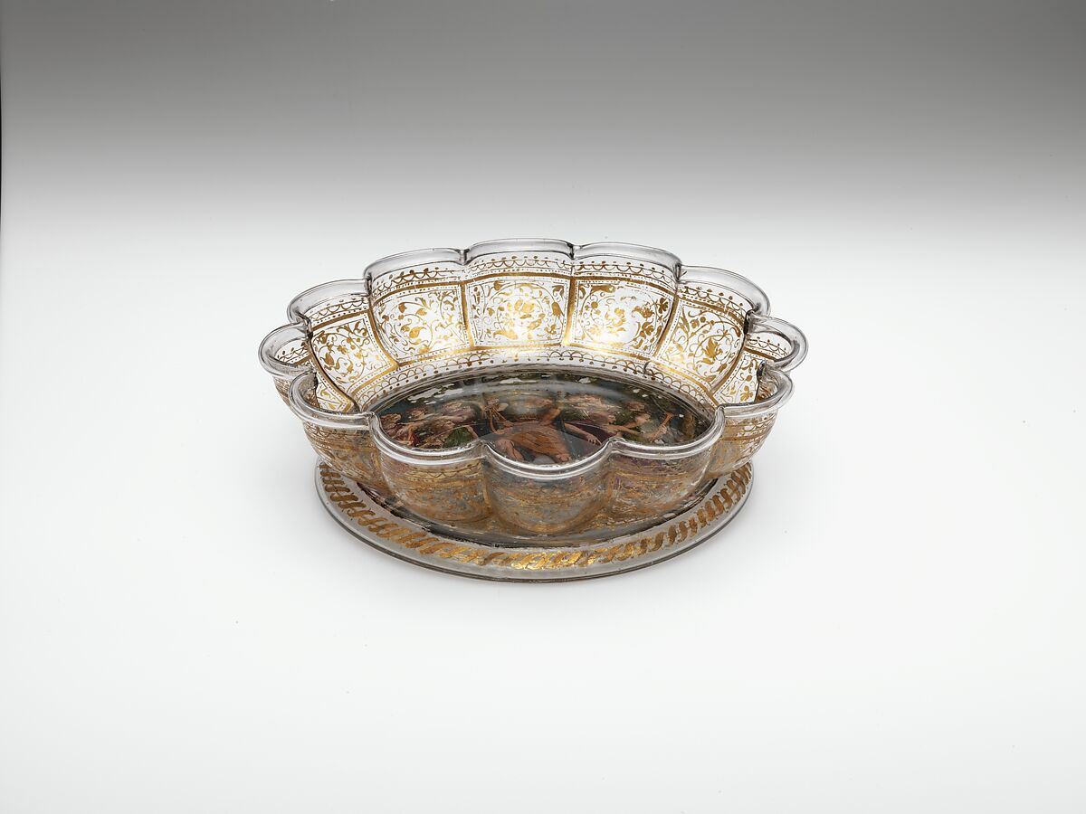 Dish, Colorless (gray) nonlead glass. Blown, reverse painted, gilt (unfired)., Venetian or façon de Venise, probably Tyrol (Innsbruck) 