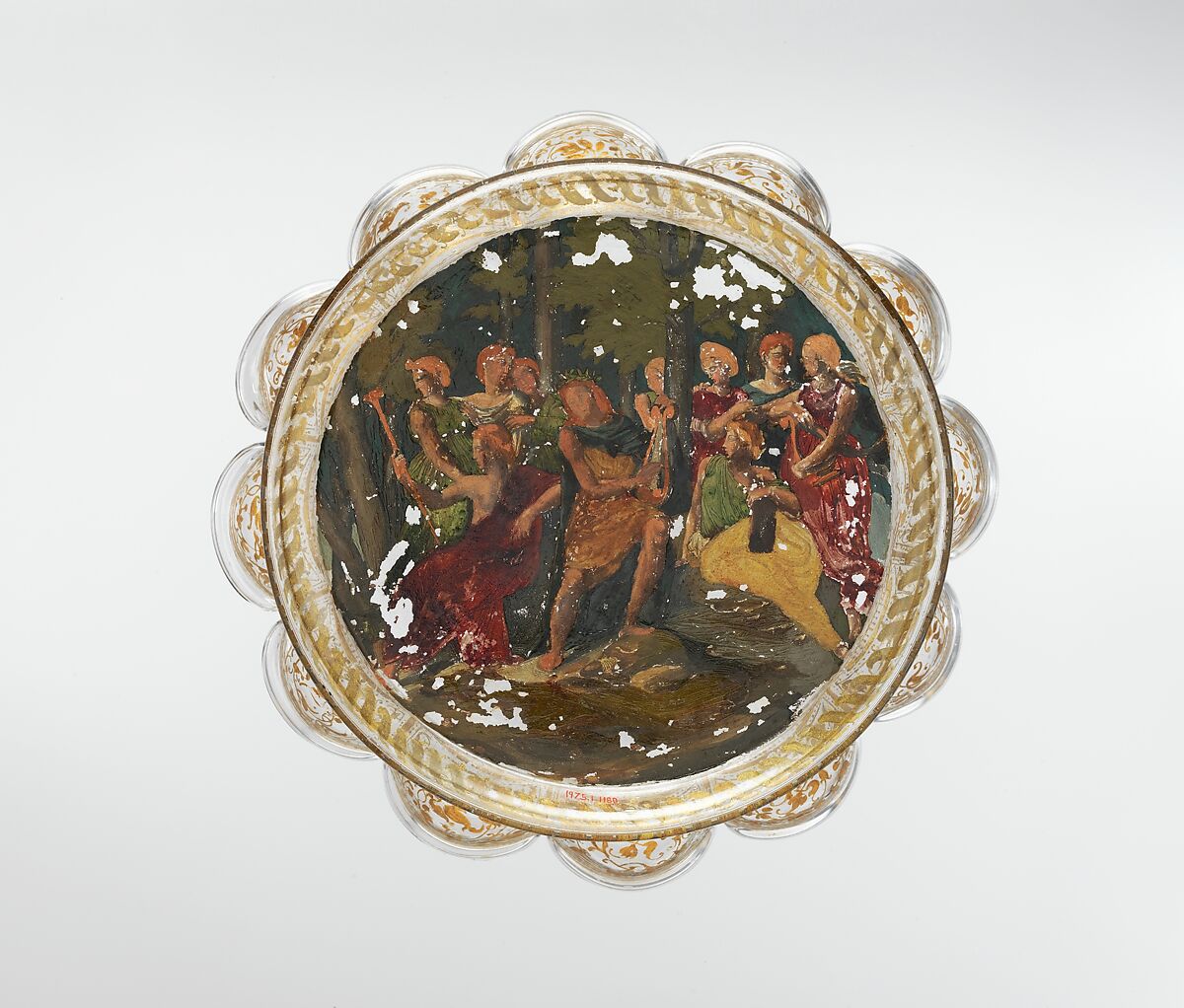 Dish, Colorless (gray) nonlead glass. Blown, reverse painted, gilt (unfired)., Venetian or façon de Venise, probably Tyrol (Innsbruck)