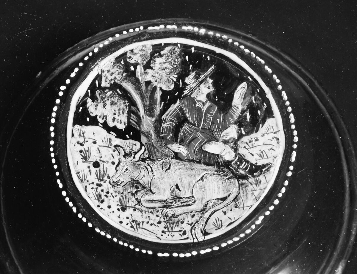 Tazza, Colorless (slightly gray) nonlead glass.  Blown, enameled, gilt., Italian (Venice)