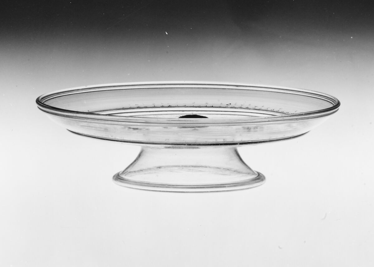 Tazza, Colorless (slightly gray) nonlead glass.  Blown, enameled, gilt., Italian (Venice)