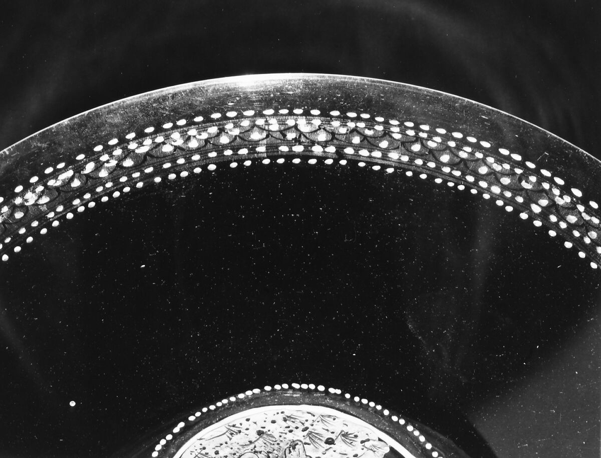 Tazza, Colorless (slightly gray) nonlead glass.  Blown, enameled, gilt., Italian (Venice)