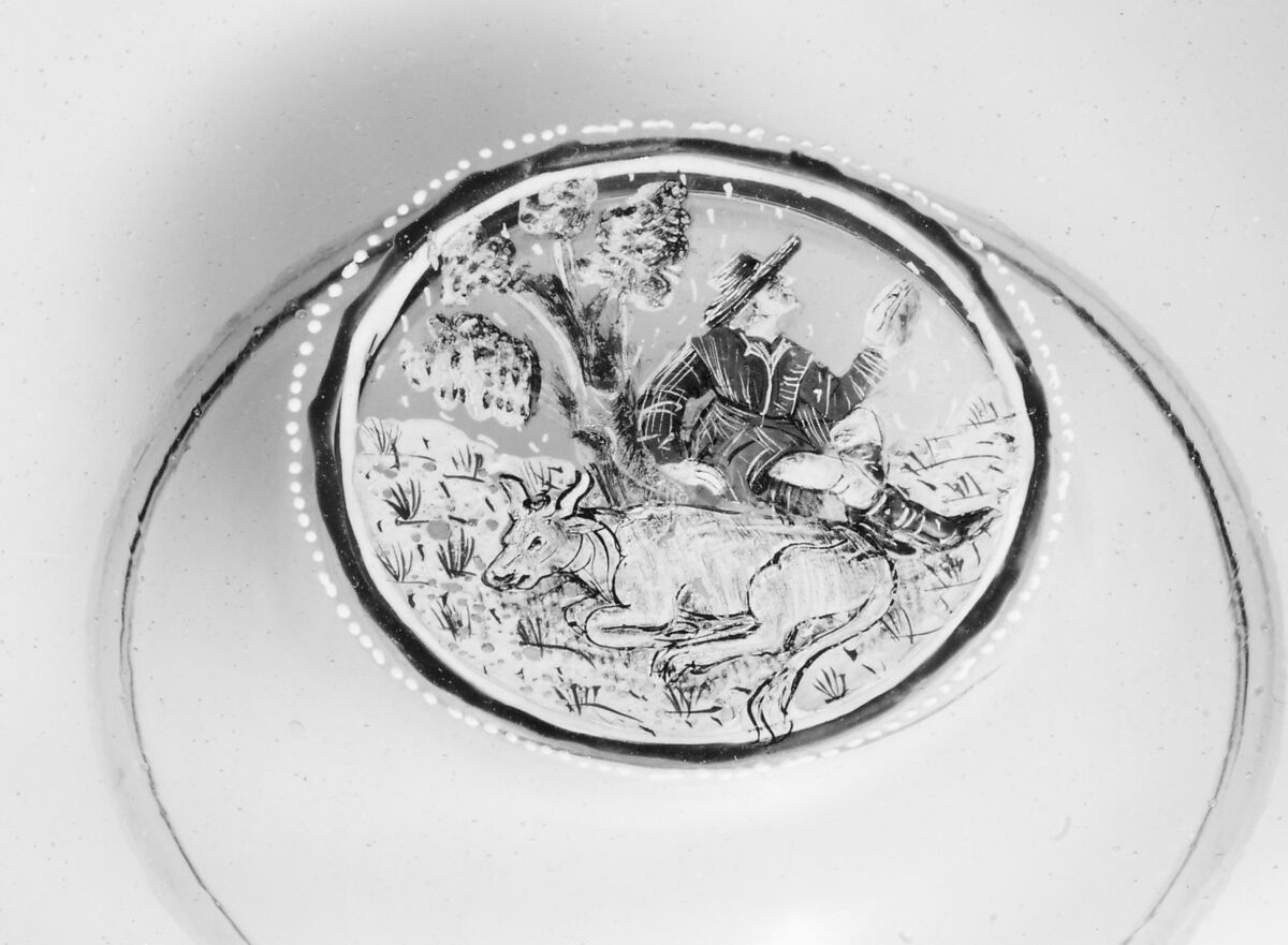 Tazza, Colorless (slightly gray) nonlead glass.  Blown, enameled, gilt., Italian (Venice)