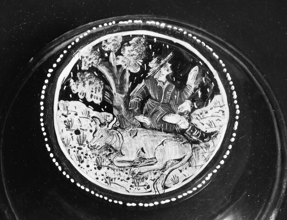 Tazza, Colorless (slightly gray) nonlead glass.  Blown, enameled, gilt., Italian (Venice)