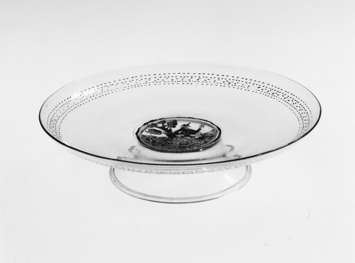 Tazza, Colorless (slightly gray) nonlead glass.  Blown, enameled, gilt., Italian (Venice) 