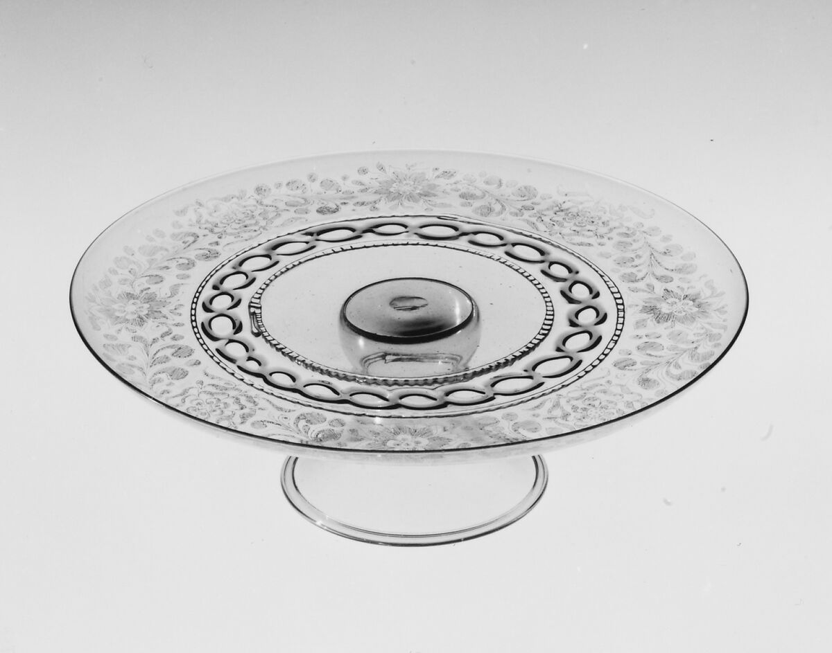 Tazza, Colorless (slightly tan) and transparent turquoise blue nonlead glass. Blown, trailed, diamond-point (scratch) engraved., Italian (Venice) or façon de Venise, northern European 