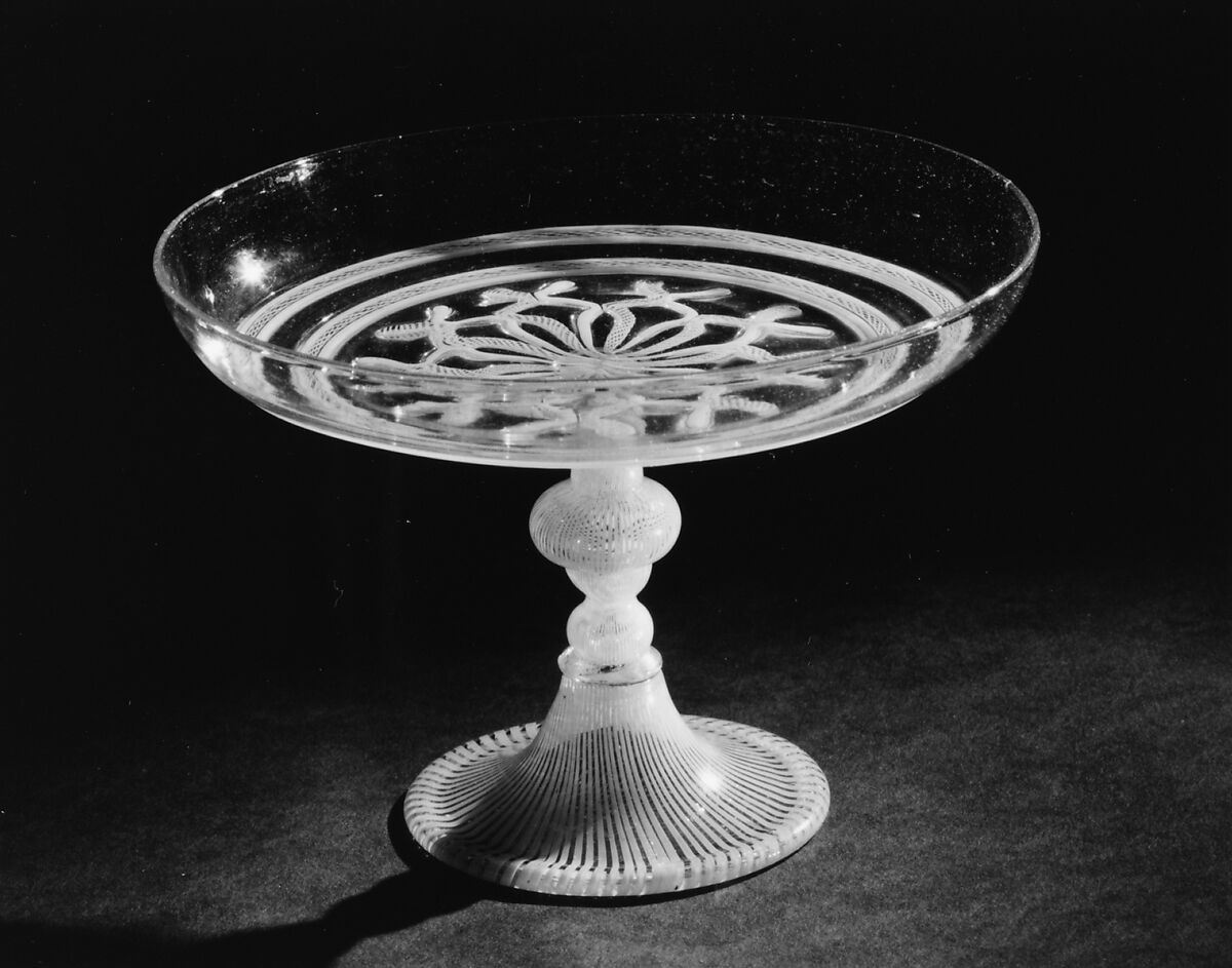 Tazza, Colorless (slightly gray) and opaque white nonlead glass. Blown, "vetro a retorti", pincered., Venetian or façon de Venise 