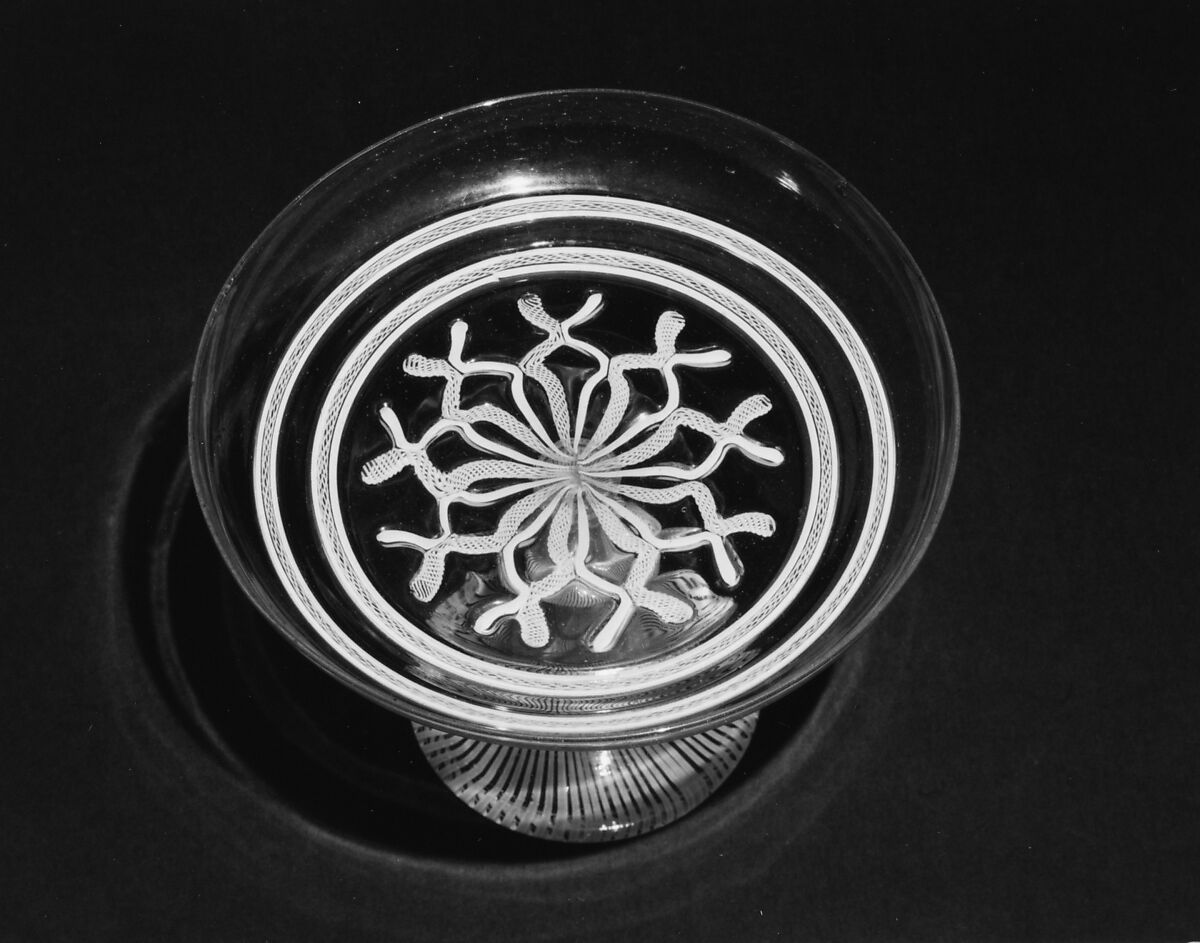 Tazza, Colorless (slightly gray) and opaque white nonlead glass. Blown, "vetro a retorti", pincered., Venetian or façon de Venise