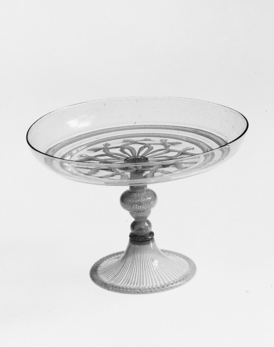 Tazza, Colorless (slightly gray) and opaque white nonlead glass. Blown, "vetro a retorti", pincered., Venetian or façon de Venise