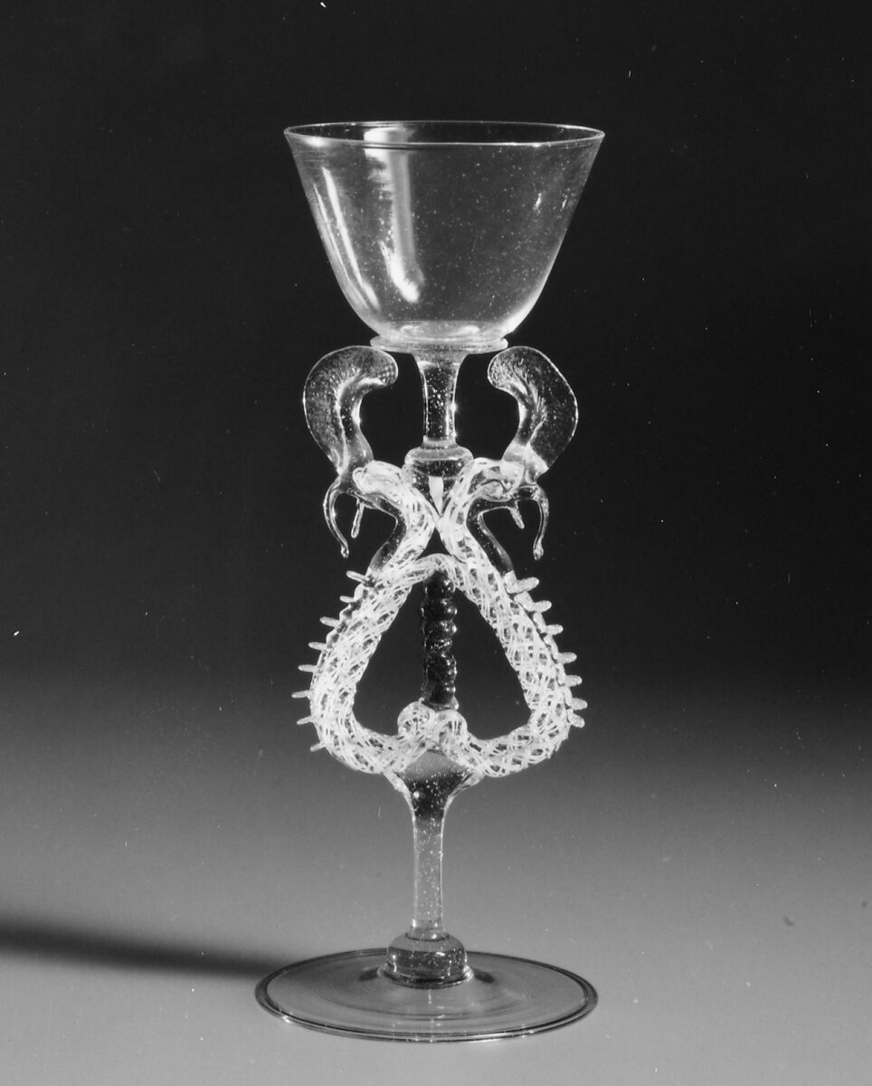 Goblet, Bubbly colorless (very faint gray), opaque white, and transparent turquoise blue nonlead glass. Blown, trailed, pincered, "vetro a retorti"., Northern European (possibly south Lowlands or Germany) 