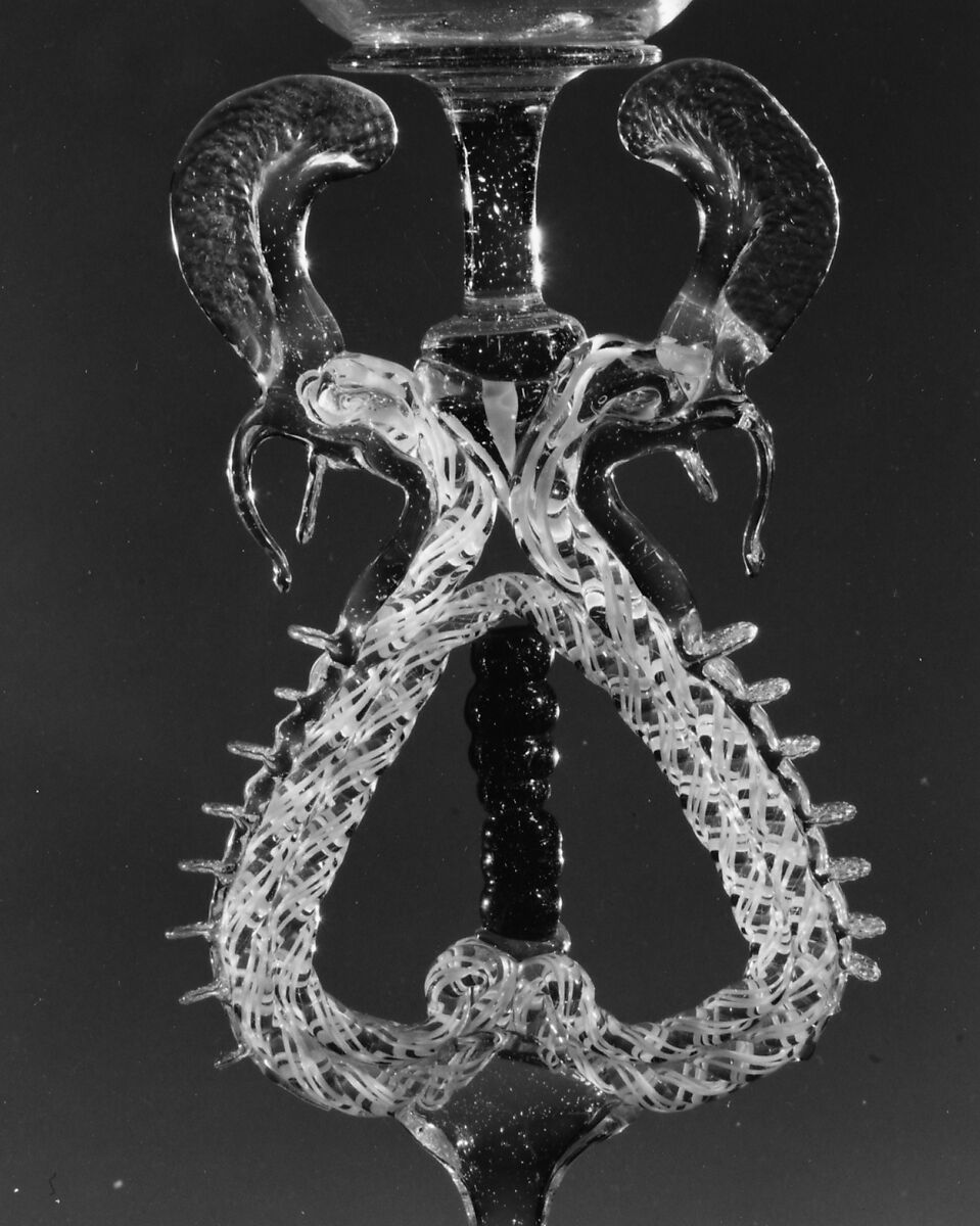 Goblet, Bubbly colorless (very faint gray), opaque white, and transparent turquoise blue nonlead glass. Blown, trailed, pincered, "vetro a retorti"., Northern European (possibly south Lowlands or Germany)