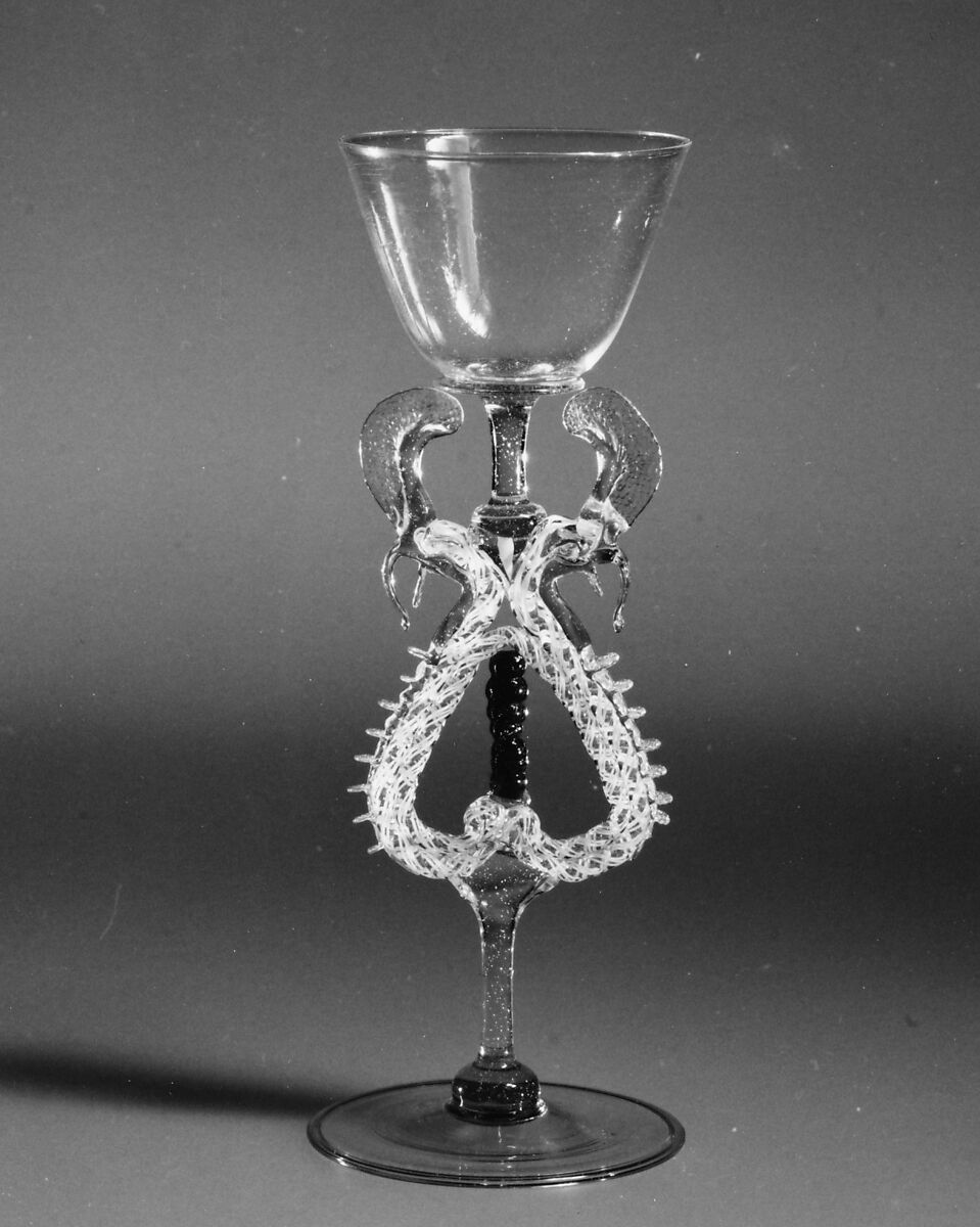 Goblet, Bubbly colorless (very faint gray), opaque white, and transparent turquoise blue nonlead glass. Blown, trailed, pincered, "vetro a retorti"., Northern European (possibly south Lowlands or Germany)