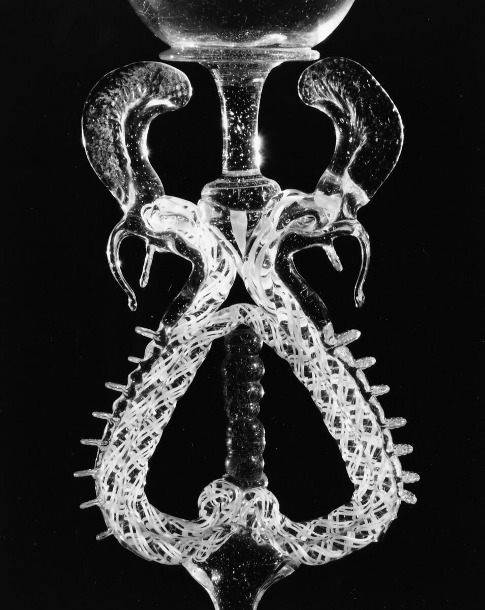 Goblet, Bubbly colorless (very faint gray), opaque white, and transparent turquoise blue nonlead glass. Blown, trailed, pincered, "vetro a retorti"., Northern European (possibly south Lowlands or Germany)