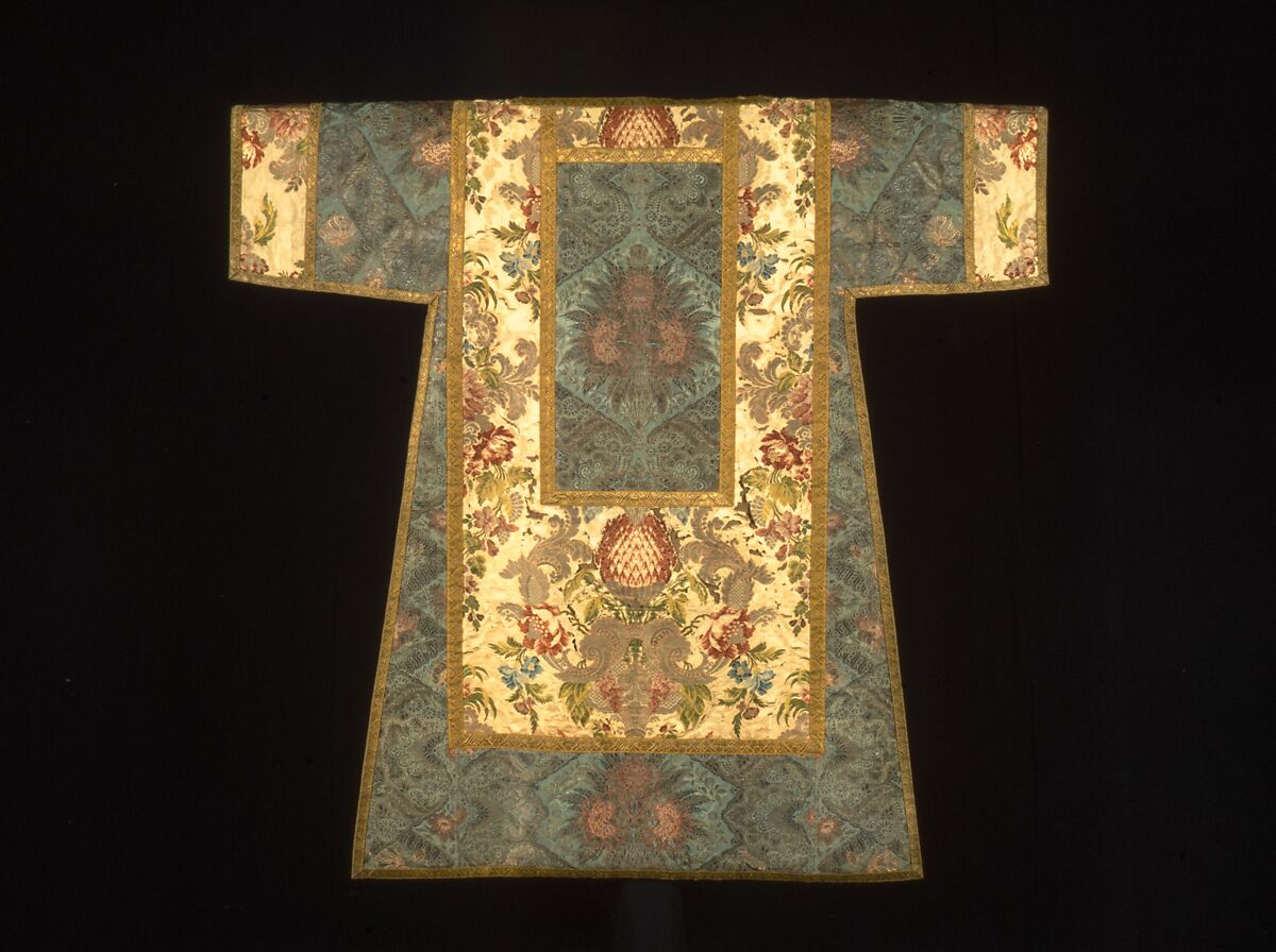 Dalmatic, Composite of 22 fragments of silk and silvered-metal-strip-wrapped silk., French or Italian 