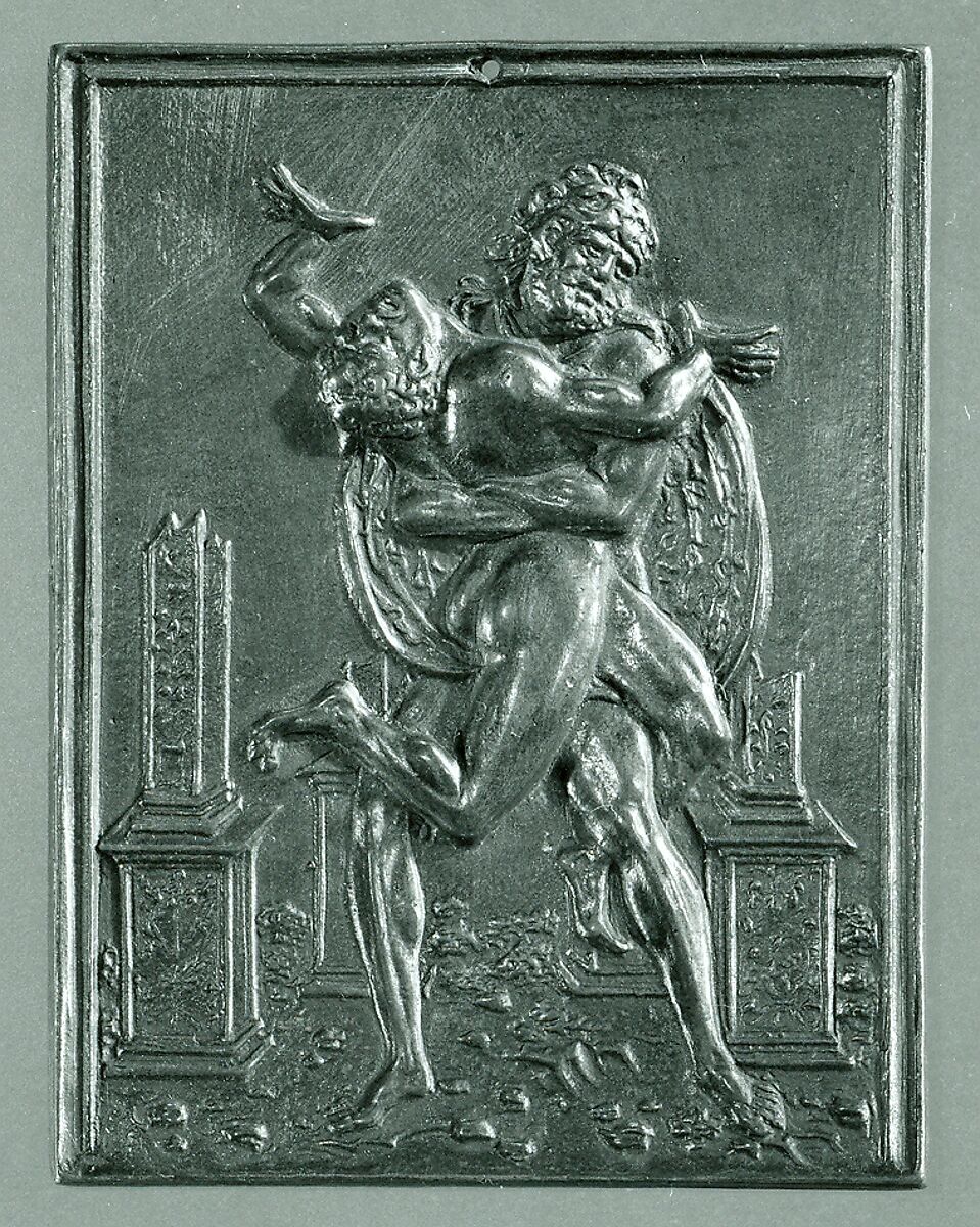 Hercules and Antaeus, Moderno (Galeazzo Mondella) (Italian, Verona 1467–1528 Verona), Copper alloy with a brown natural patina under a dark layer of wax; pierced at the top. 