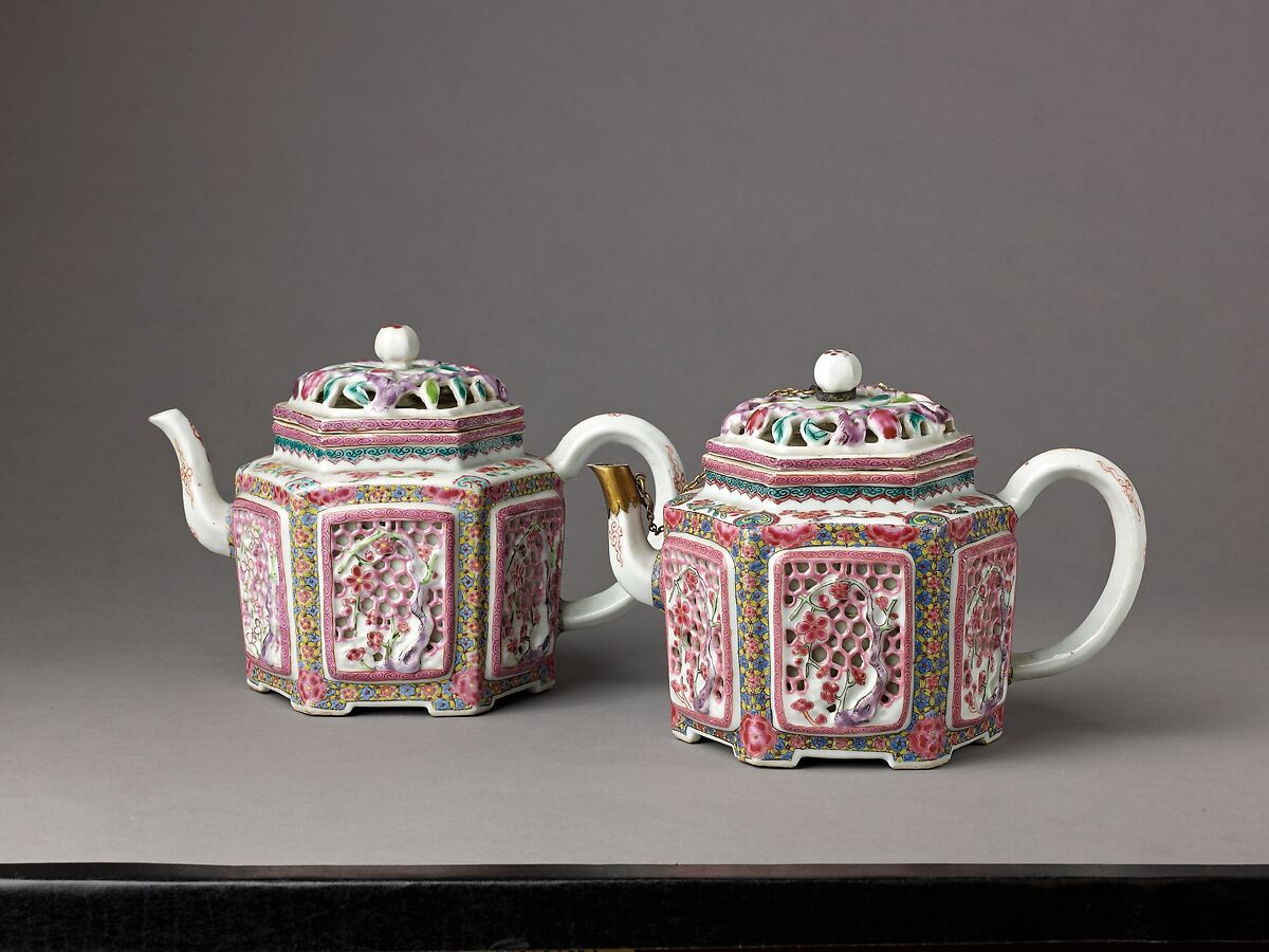 Hexagonal teapot or winepot (pair with 1975.1.1706), Chinese  , Qing Dynasty, Porcelain with reticulated ornamentation, painted in overglaze famille rose enamels., Chinese 