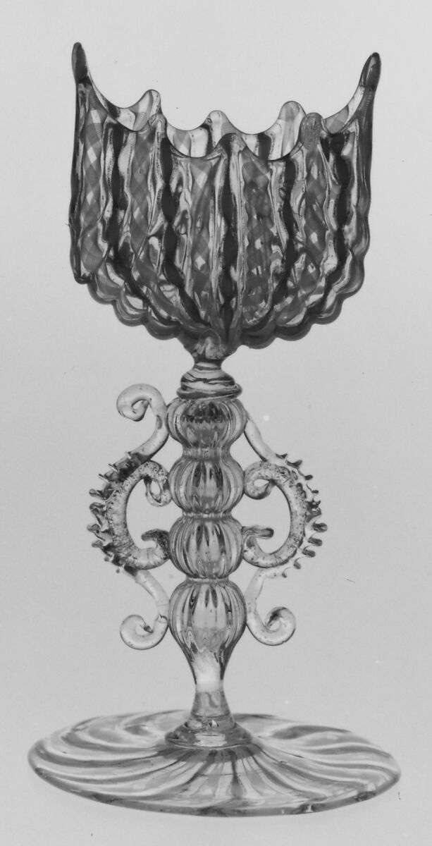 Footed vase, possibly Antonio Salviati (Italian, 1816–1890), Colorless, opaque turquoise blue, copper flecked (goldstone or aventurine), and opalescent white nonlead glass. Blown, mold blown, trailed, "vetro a retorti", gilt.