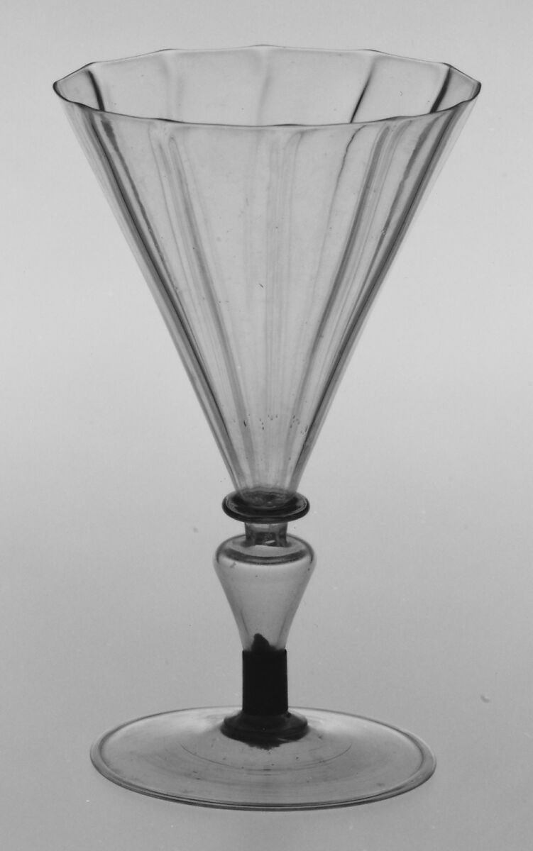 Goblet, Colorless (slightly gray) nonlead glass; silvered metal fittings. Blown, pattern molded., probably façon de Venise, northern European or Venetian