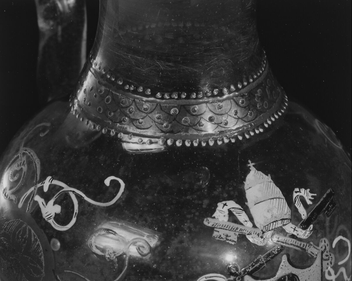 Armorial jug, Colorless (slightly gray) nonlead glass. Blown, enameled, gilt., Italian (Venice)