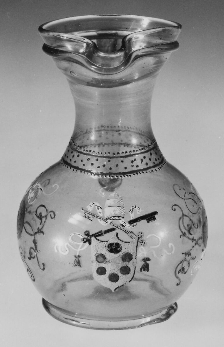 Armorial jug, Colorless (slightly gray) nonlead glass. Blown, enameled, gilt., Italian (Venice)