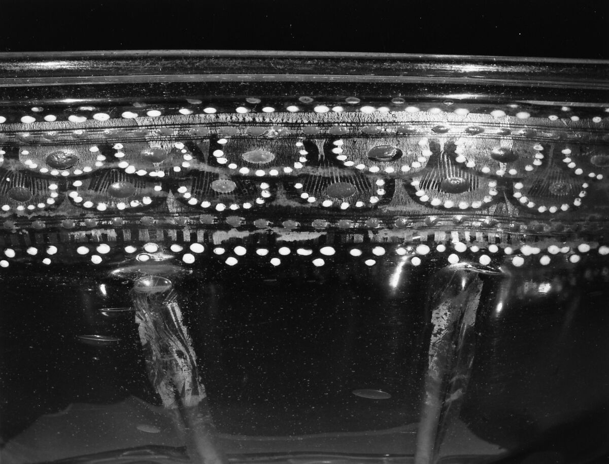 Footed bowl, Colorless (slightly gray) nonlead glass. Blown, pattern molded, enameled, gilt., Italian (Venice)