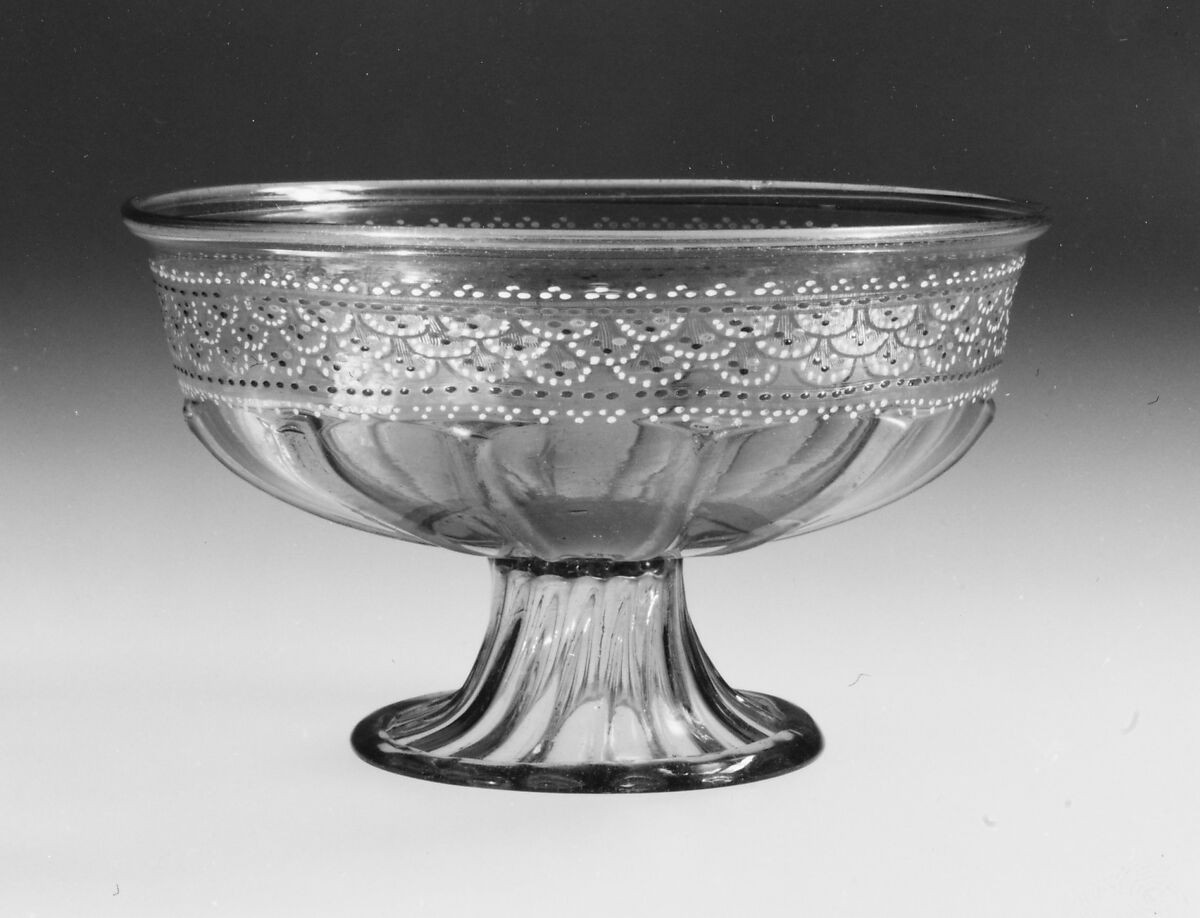 Footed bowl, Colorless (slightly gray) nonlead glass. Blown, pattern molded, enameled, gilt., Italian (Venice) 