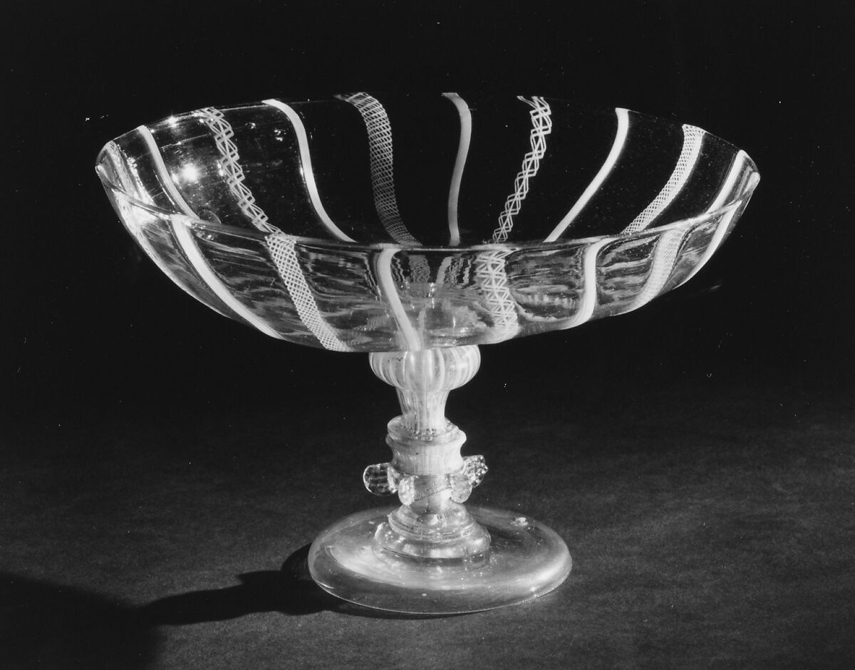 Tazza, Colorless (gray-green tint) and opaque white nonlead glass. Blown, "vetro a retorti", trailed, pincered., probably Italian (Venice); possibly Saxony