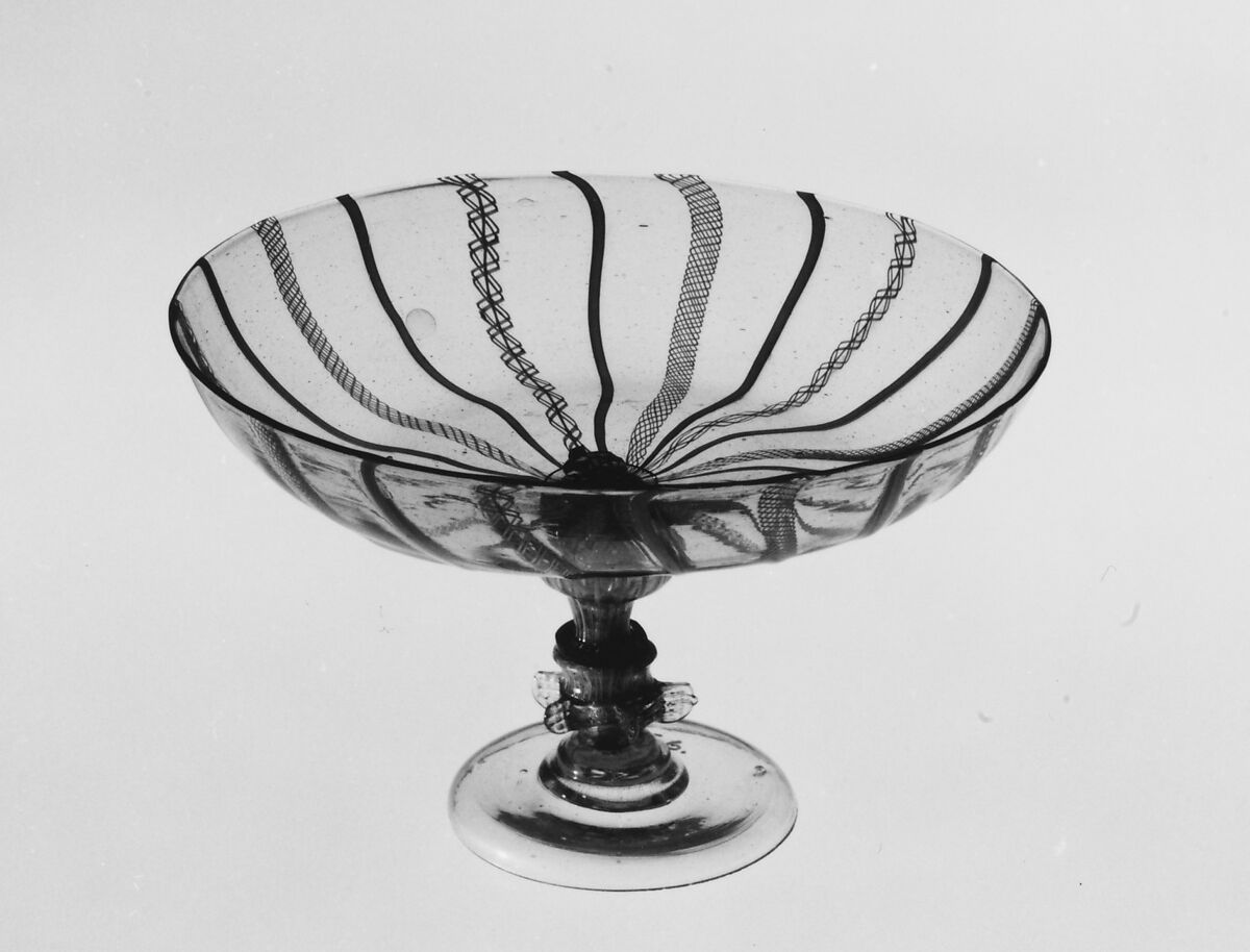 Tazza, Colorless (gray-green tint) and opaque white nonlead glass. Blown, "vetro a retorti", trailed, pincered., probably Italian (Venice); possibly Saxony