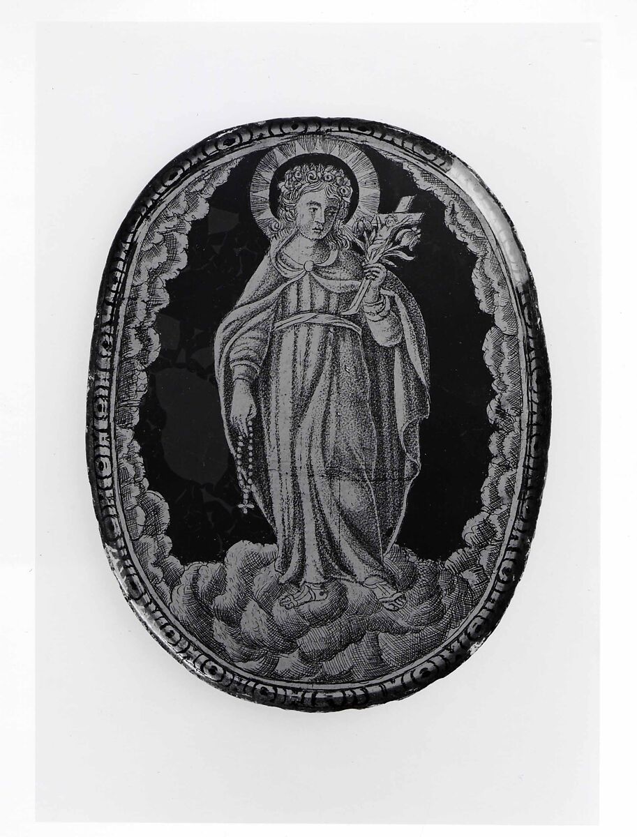 A Female Saint (possibly Rosalia), Colorless nonlead glass. Cut, polished, reverse gilt, painted., probably Bohemia or Lower Austria 