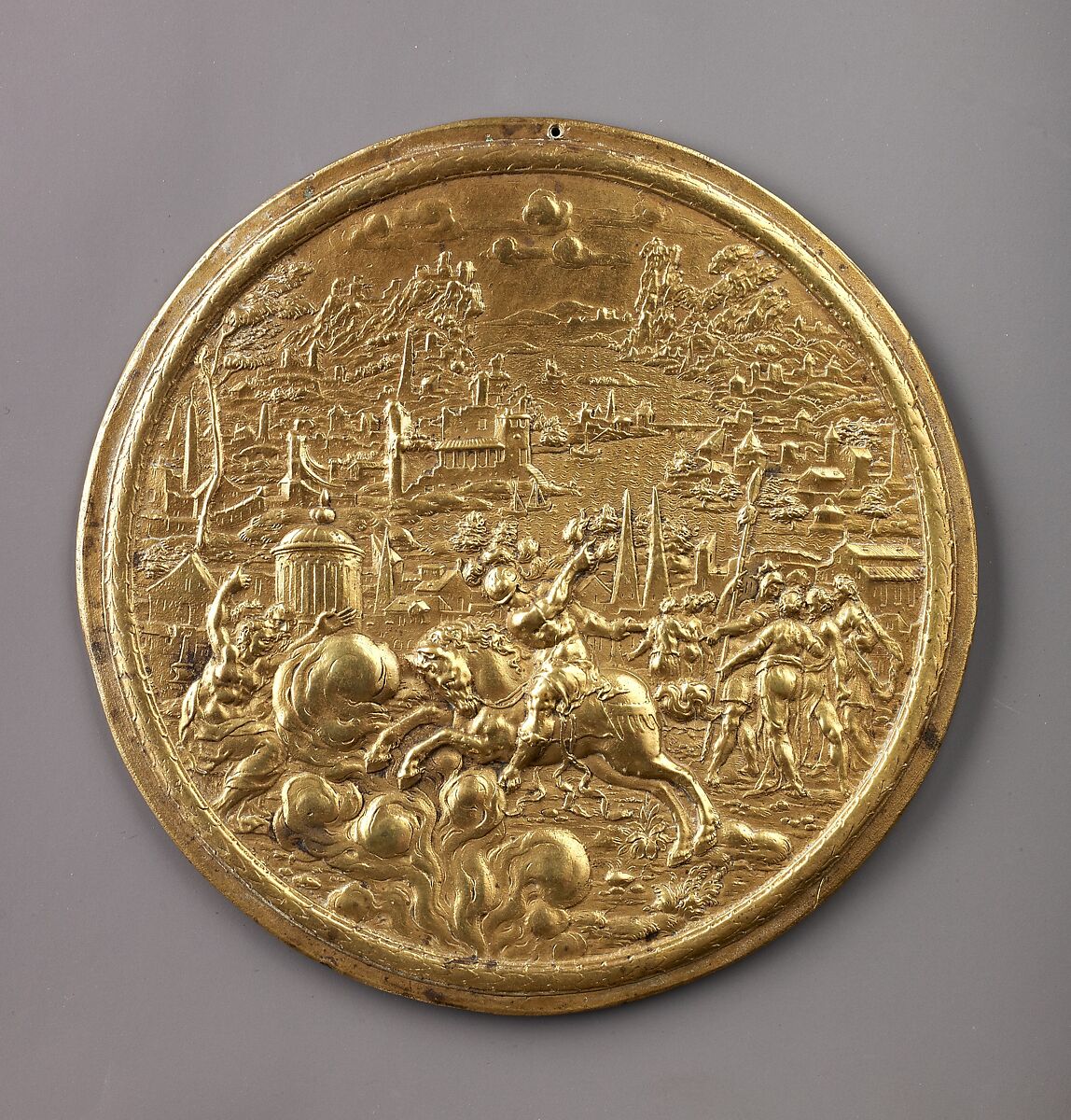 Self-sacrifice of Marcus Curtius, Paulus Willemsz. van Vianen (Netherlandish, Utrecht ca. 1570–ca. 1613/14 Prague), Gilt copper alloy; incused cast, German, Munich 