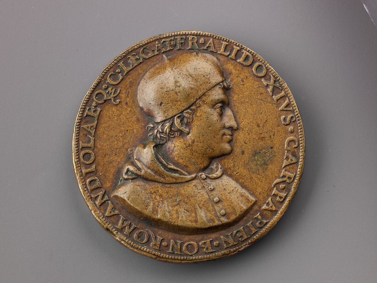 Portrait medal of Cardinal Francesco degli Alidosi (obverse); Jupiter and Signs of the Zodiac (reverse), Francesco Francia (Italian, Bologna ca. 1447–1517 Bologna), Bronze (copper alloy with a honey-colored
patina). 