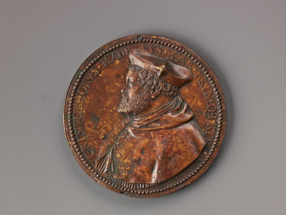 Portrait medal of Cristoforo Madruzzo (obverse); Landscape with a Female Figure Pointing to the Sun (reverse), Pietro Paolo Galeotti ("Il Romano") (Italian, Monte Rotondo 1520–1584 Florence), Bronze (Copper alloy with reddish
brown cuprite patina). 