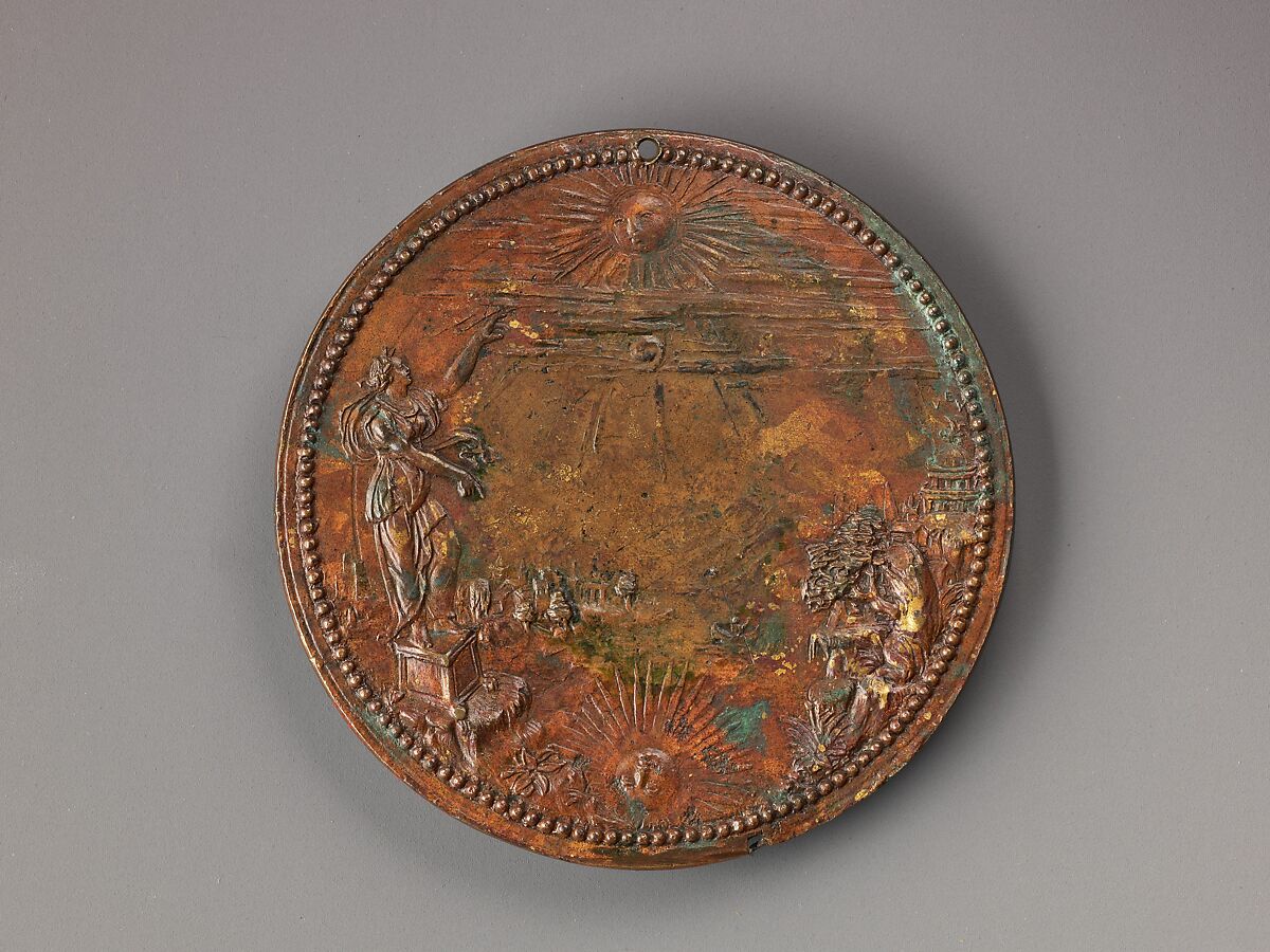 Portrait medal of Cristoforo Madruzzo (obverse); Landscape with a Female Figure Pointing to the Sun (reverse), Pietro Paolo Galeotti ("Il Romano") (Italian, Monte Rotondo 1520–1584 Florence), Bronze (Copper alloy with reddish
brown cuprite patina).