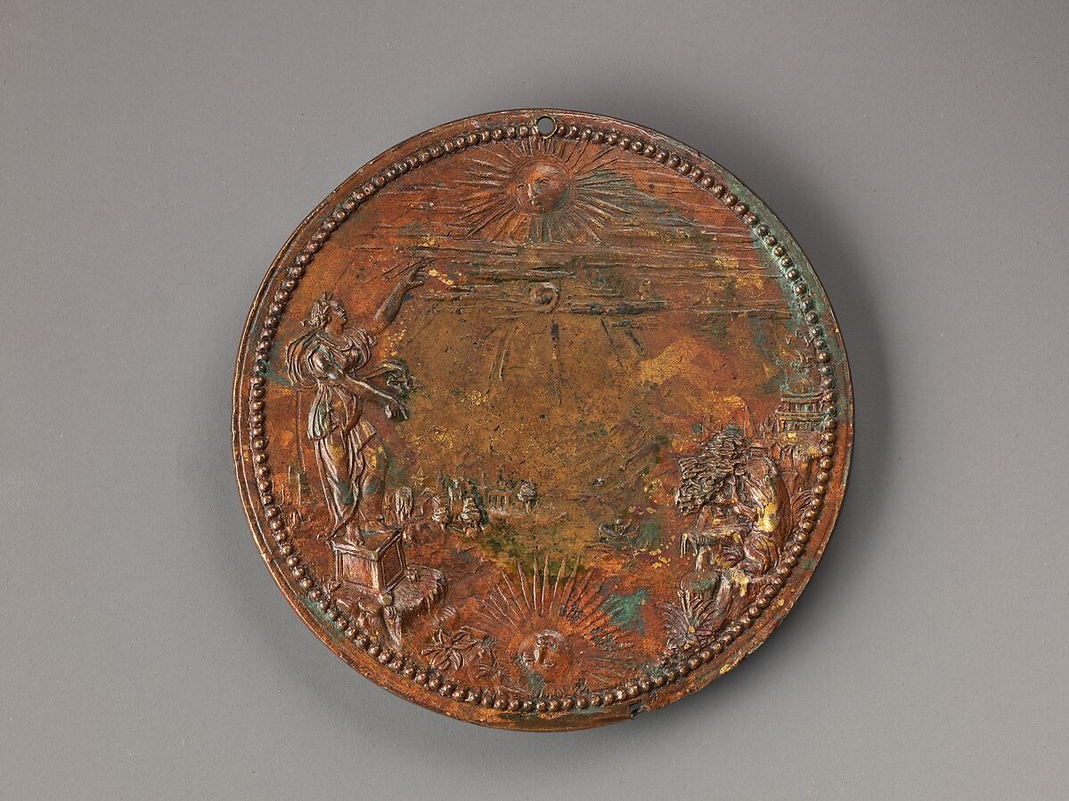 Portrait medal of Cristoforo Madruzzo (obverse); Landscape with a Female Figure Pointing to the Sun (reverse), Pietro Paolo Galeotti ("Il Romano") (Italian, Monte Rotondo 1520–1584 Florence), Bronze (Copper alloy with reddish
brown cuprite patina).