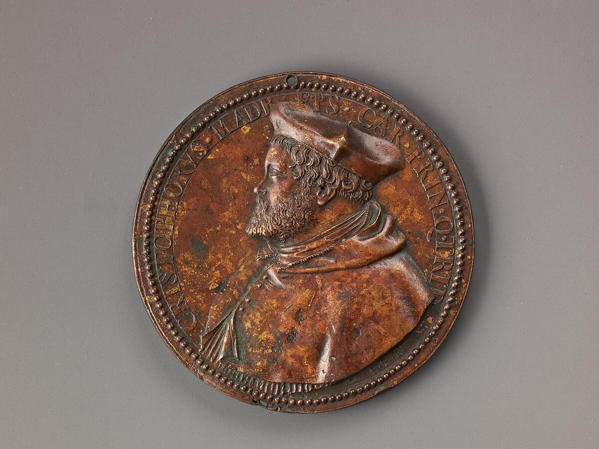 Portrait medal of Cristoforo Madruzzo (obverse); Landscape with a Female Figure Pointing to the Sun (reverse), Pietro Paolo Galeotti ("Il Romano") (Italian, Monte Rotondo 1520–1584 Florence), Bronze (Copper alloy with reddish
brown cuprite patina).
