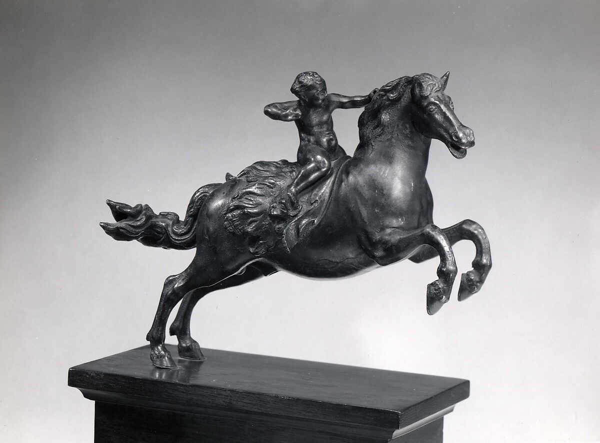 Cupid on Horseback, Francesco Fanelli (Italian, born Florence 1577, active Genoa (1605–30) and England (1632–39)), Copper alloy, covered with a dark brown lacquer patina. 