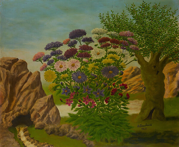 Bank of Flowers in a Landscape (Massif de fleurs dans un paysage), André Bauchant (1873–1958), Oil on masonite, French 