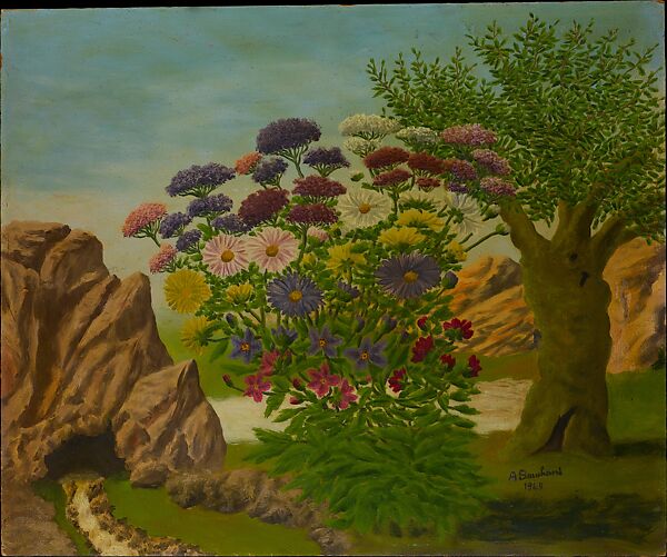 Bank of Flowers in a Landscape (Massif de fleurs dans un paysage), André Bauchant (1873–1958), Oil on masonite, French