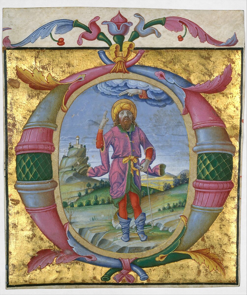 David with His Foot in a Noose in an Initial O, Domenico Morone  Italian, Tempera and gold on parchment