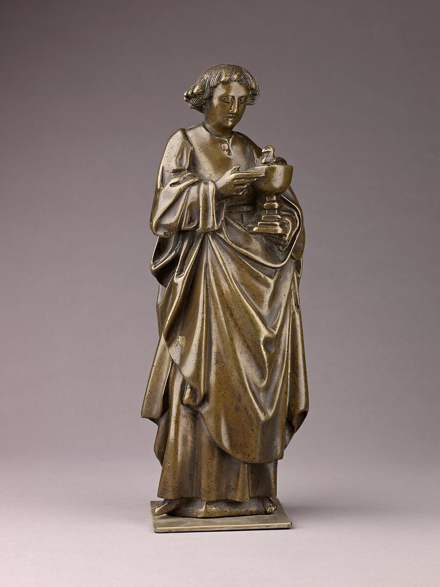 Saint John the Evangelist, Brass (copper alloy with a high percentage of zinc) with natural olive green patina., Netherlandish, Tournai