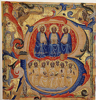 The Trinity in an Initial B, Master of the Codex Rossiano (Sienese, active ca. 1380–1400), Tempera and gold on parchment, Italian, Siena