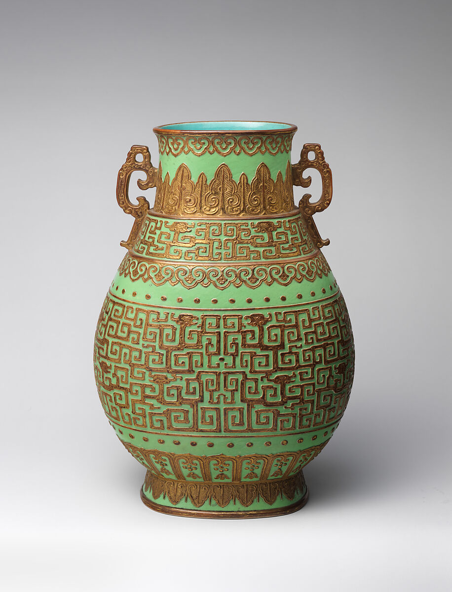 Vase with archaistic patterns, Porcelain with gilding relief decoration over green enamel (Jingdezhen ware), China 