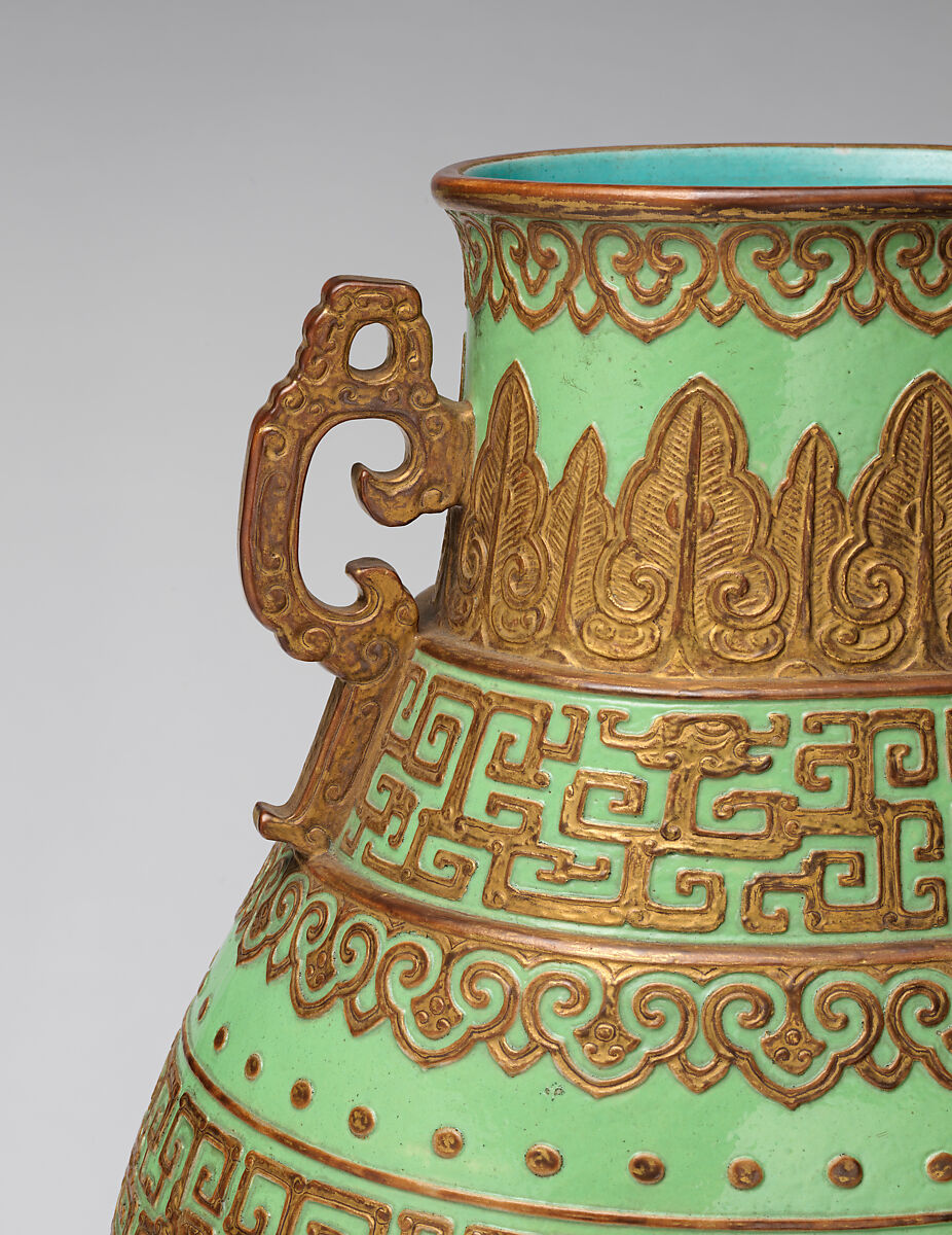 Vase with archaistic patterns, Porcelain with gilding relief decoration over green enamel (Jingdezhen ware), China